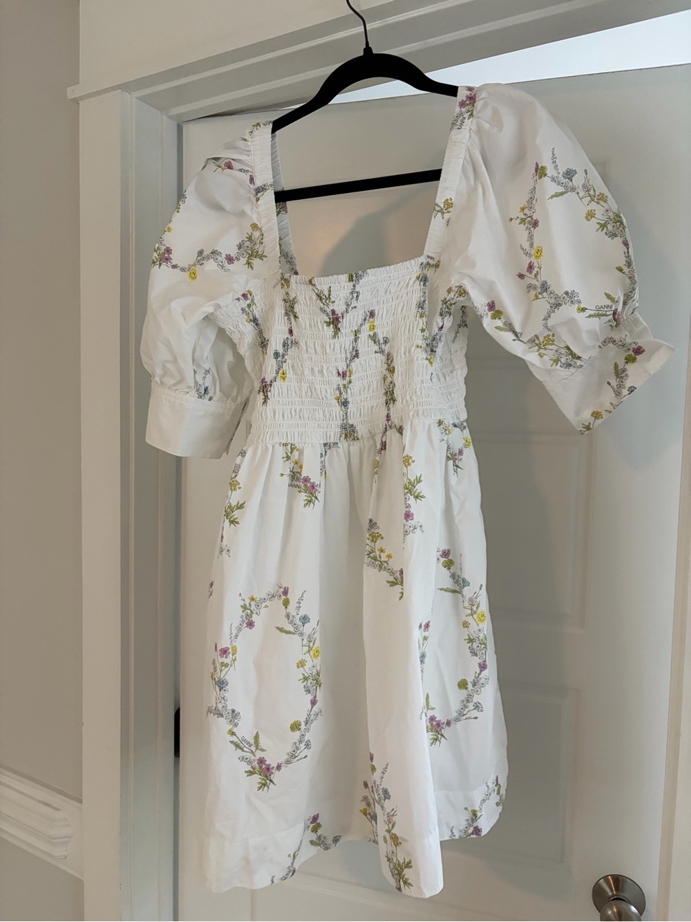 Ganni Poplin White Floral Puff-Sleeve Dress